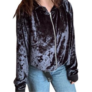 La Senza Black Crushed Velvet Velour Full Zip Cropped Y2K Track Sweater M
